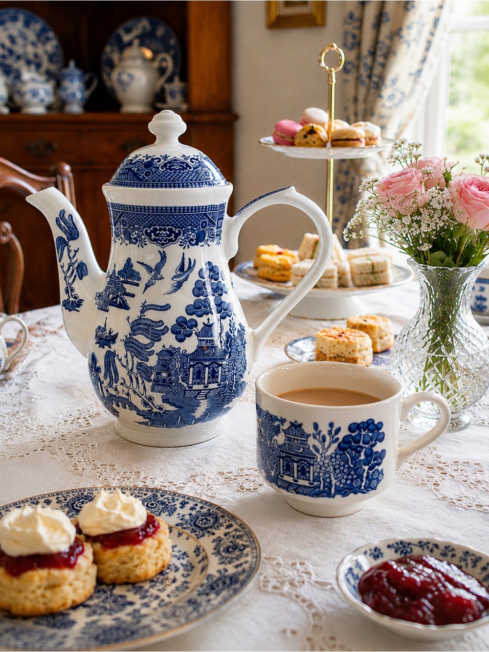 Churchill England Blue Willow Coffee Pot with Matching Cup